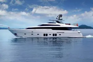2014 Sanlorenzo SL96 motor yacht with dark glazing and long clean lines
