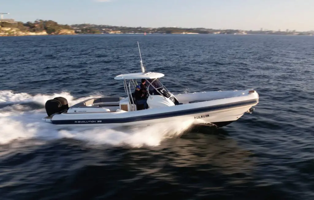 2023 Mar.Co 35 R-Evolution Maxi-RIB running at speed on Sydney Harbour, side profile, for sale with Davis Marine Brokerage