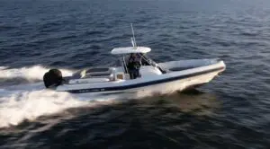 Mar.Co 35 R-Evolution underway, bow quarter view showing the deep-V hull and tubes