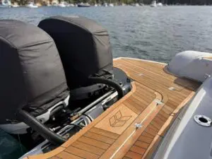 Twin Mercury 350hp outboards with covers and the teak swim platform on the Mar.Co 35 R-Evolution