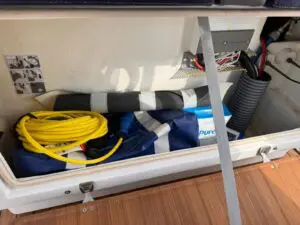 Storage locker with shore-power lead and gear on the Mar.Co 35 R-Evolution