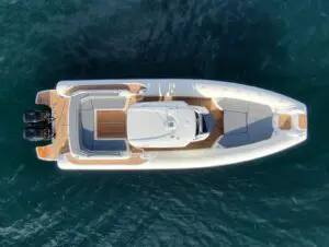 Aerial top-down view of the Mar.Co 35 R-Evolution at anchor showing the deck layout