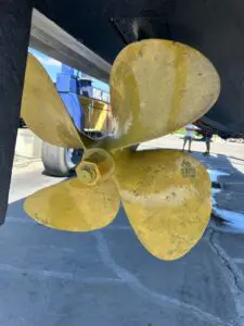 Propeller and shaft of the Chris-Craft Roamer 43 while hauled out
