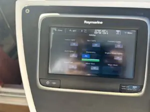 Raymarine multifunction display at the helm of the Chris-Craft Roamer 43