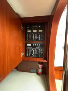 Electrical switch panel aboard the Chris-Craft Roamer 43 Heritage
