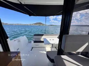 2020 Jeanneau Merry Fisher 895 cockpit seen from the wheelhouse