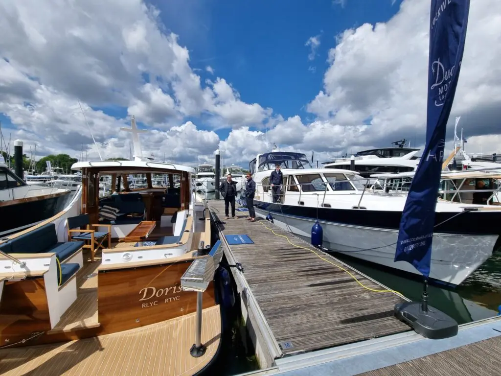 Cockwells' twin-cabin Duchy 35 motor launch, exhibited at the British Motor Yacht Show at Swanwick Marina, Hampshire