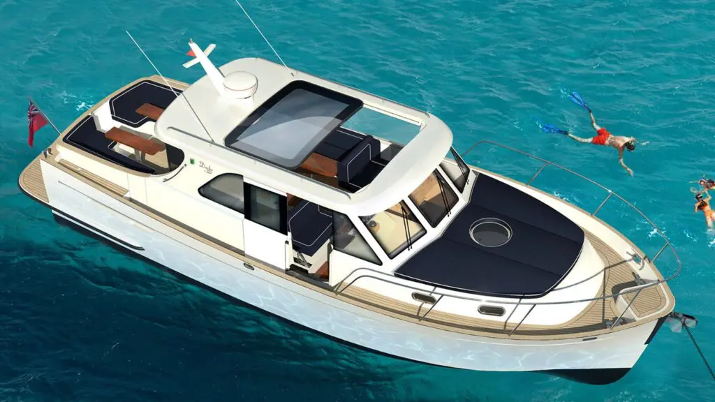 The white-hulled Mediterranean version of the Cockwells Duchy 35 motor launch, to be offered at the Monaco Yacht Show