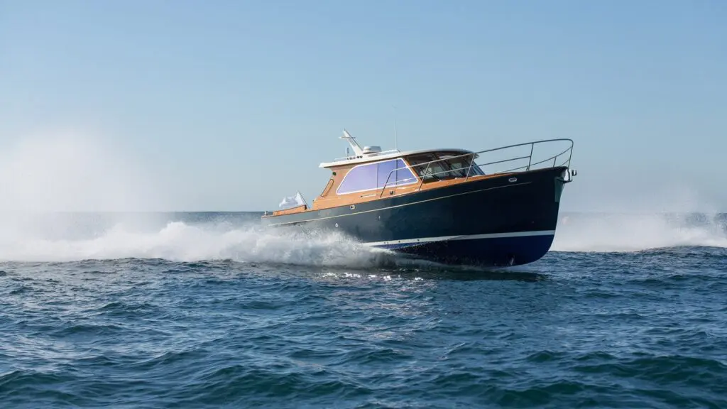 Exterior of the Duchy 35 motor launch Orinoco, built by Cockwells in Cornwall