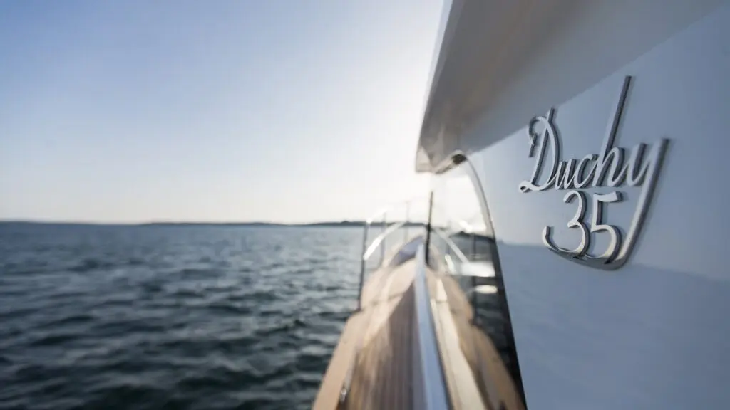 Exterior detail of the Duchy 35 motor launch Delilah, built by Cockwells in Cornwall