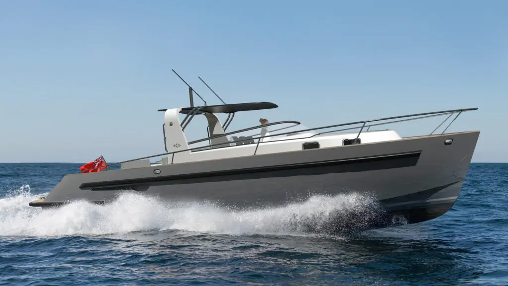 Rendering of the Cockwells Duchy Sport concept in grey, the wakesurfing day boat to be revealed at Southampton International Boat Show 2021