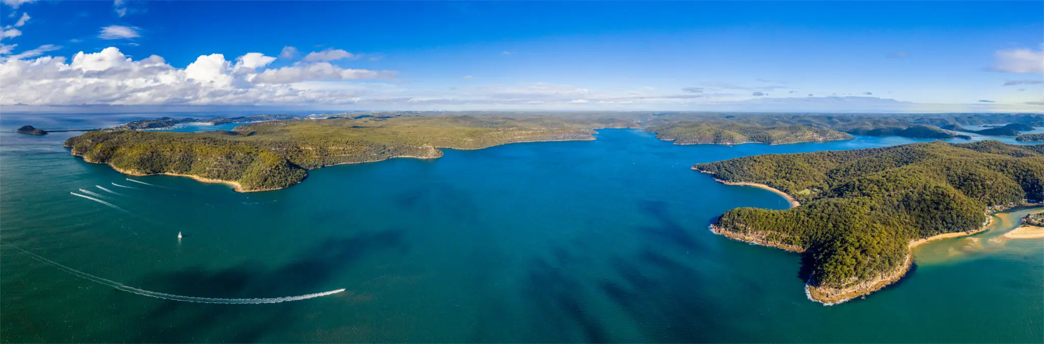 Aerial view of Pittwater, Sydney, with boats on protected moorings and anchorages