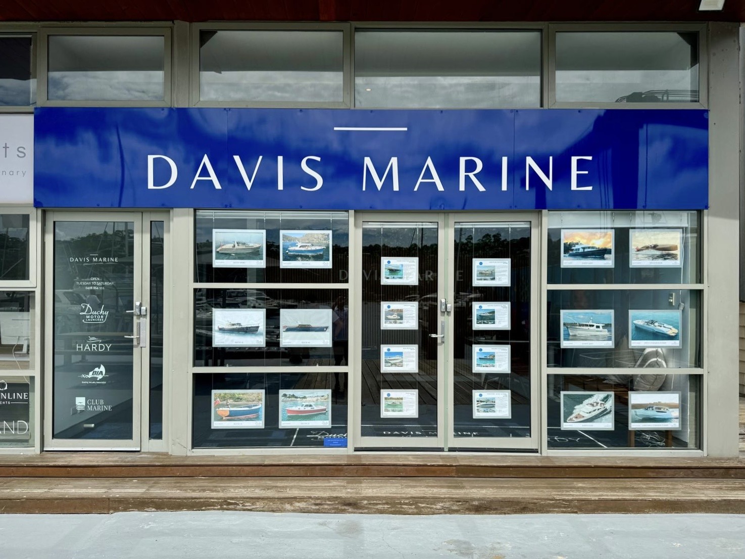 Davis Marine Brokerage office at The Spit, Mosman, with boats for sale displayed in the window