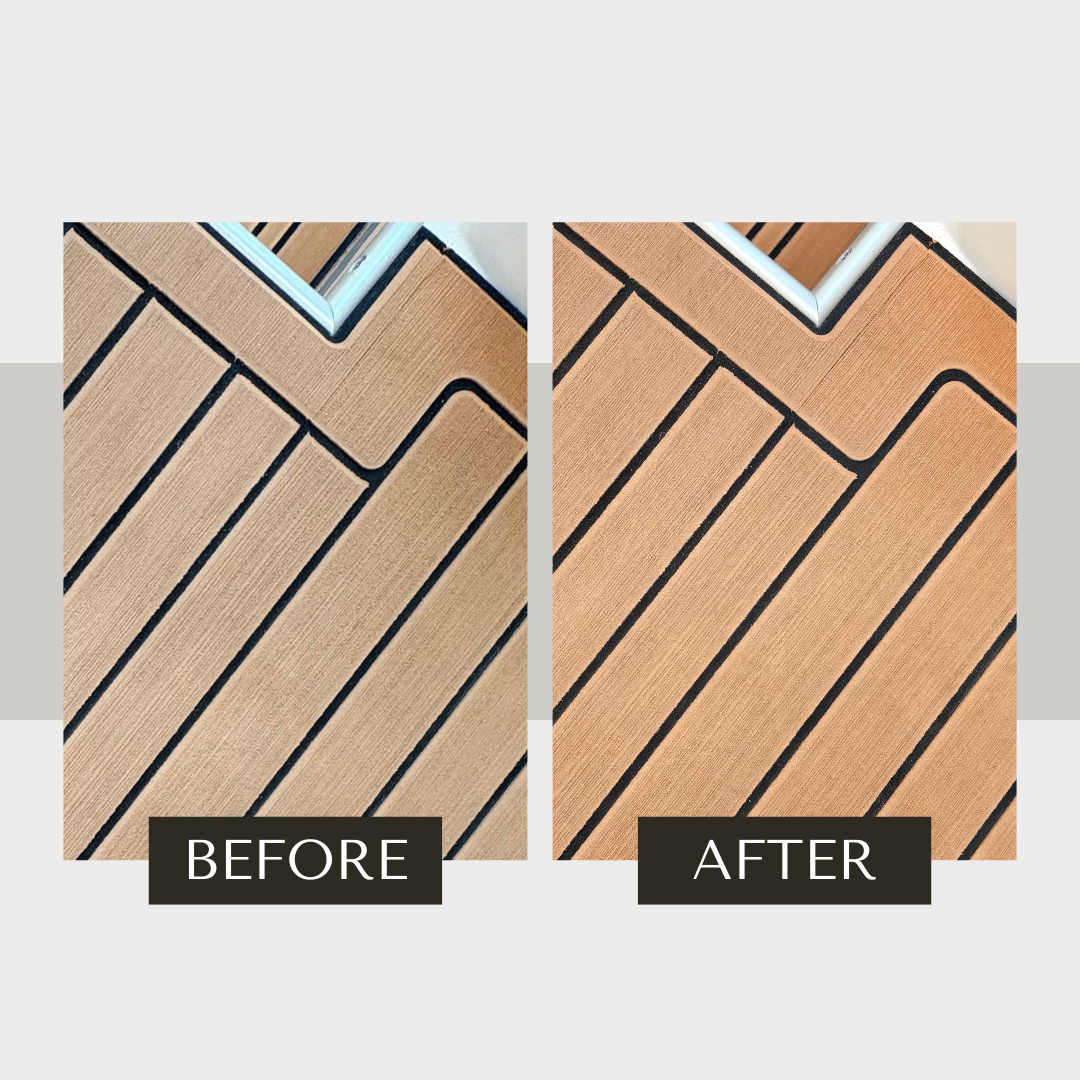 Before and after of synthetic teak boat decking cleaned back to an even colour