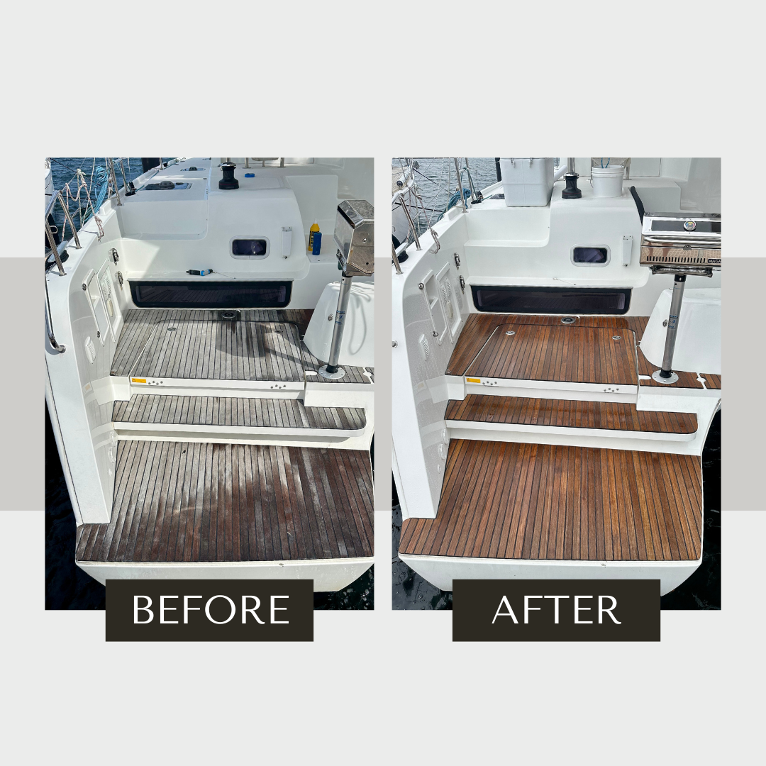 Before and after of a teak boat deck, weathered grey then cleaned and oiled