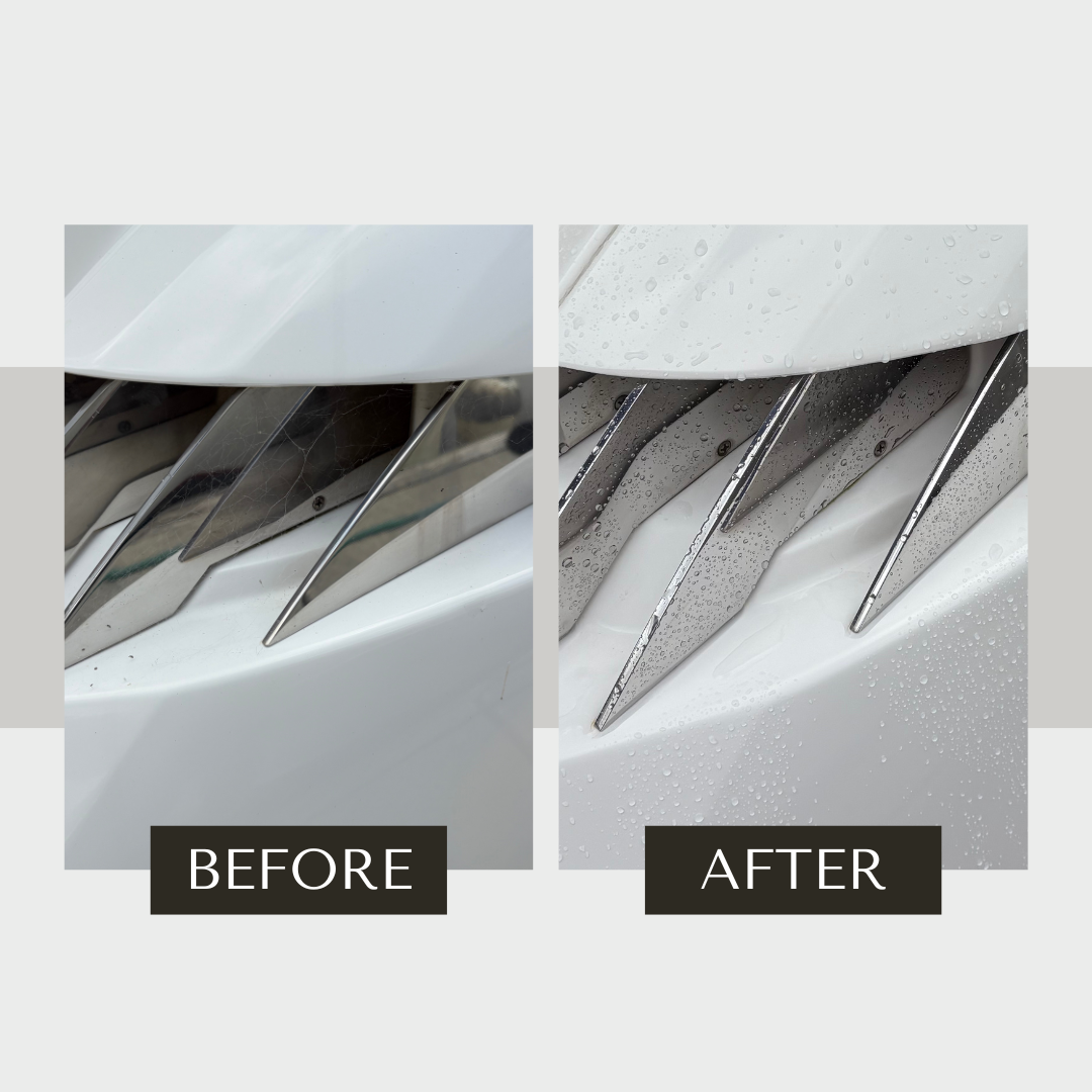 Before and after of dull boat stainless steel exhaust outlets polished to a mirror finish