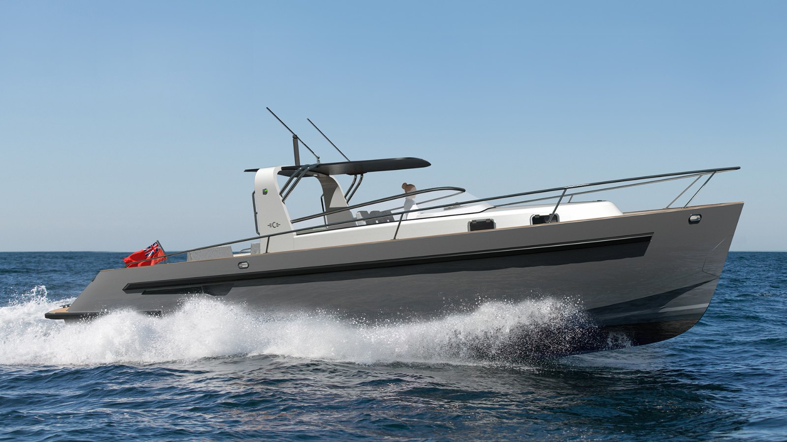 Rendering of the Cockwells Duchy Sport concept in grey, the wakesurfing day boat to be revealed at Southampton International Boat Show 2021