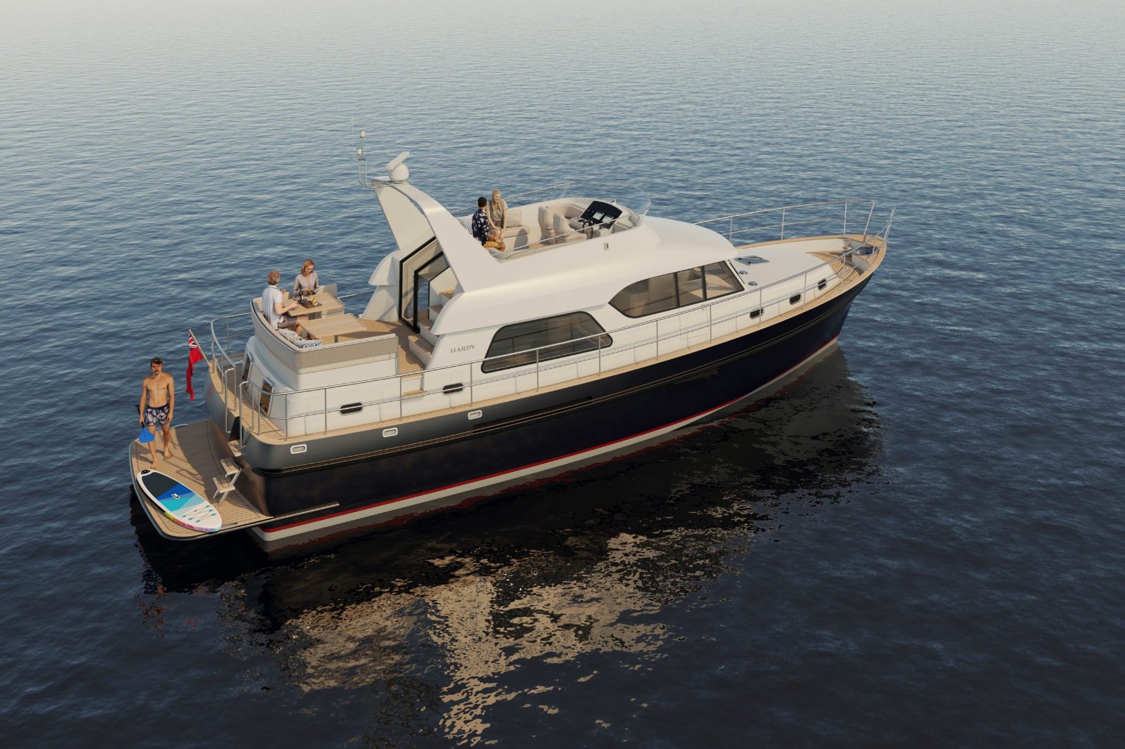 Exterior rendering of the new Hardy 53 motor yacht, whose specifications Cockwells is releasing at Southampton International Boat Show 2021