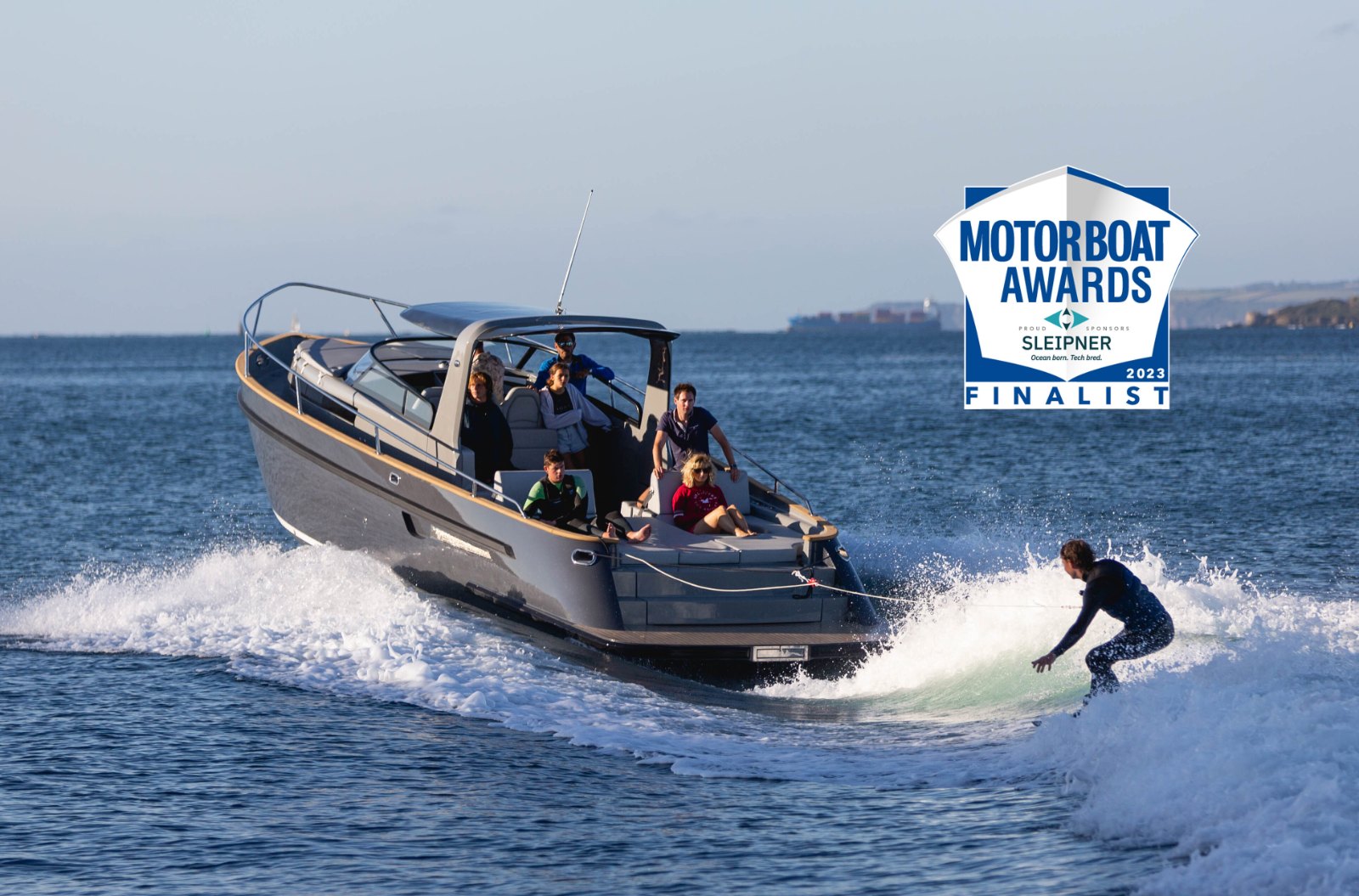 Cockwells Duchy Sport under way, the watersports launch nominated in the Weekenders category of the Motor Boat Awards 2023