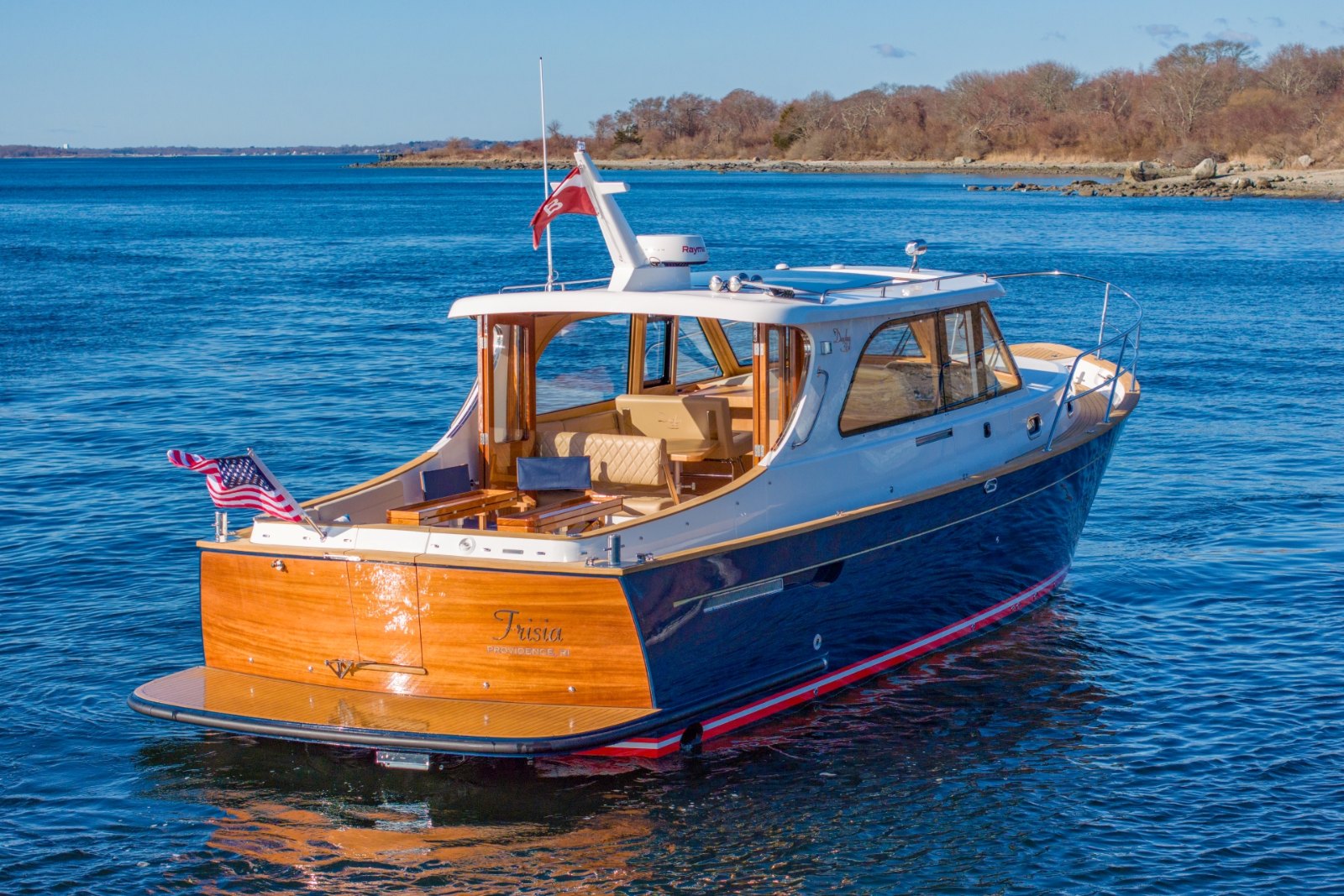 Cockwells Duchy 35 'Frisia' in the United States, with varnished Iroko transom and twin-cabin layout
